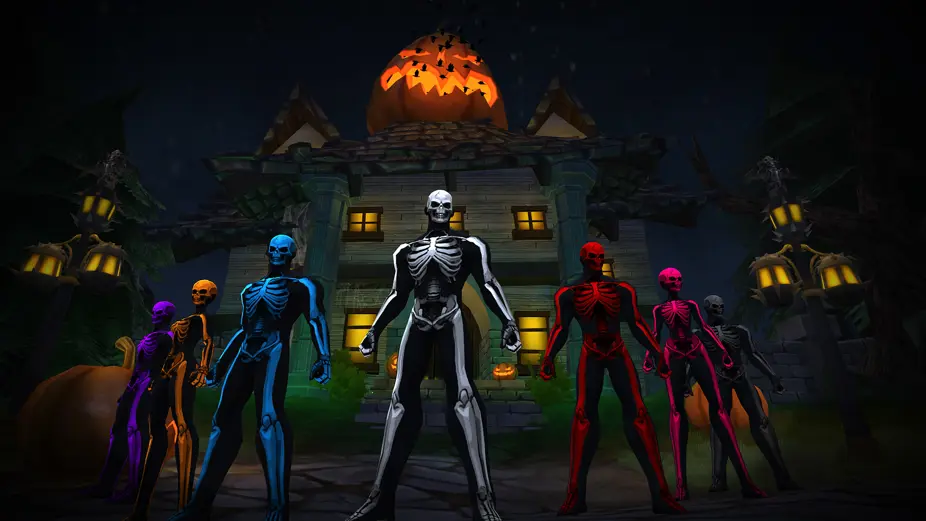 Skelesuits in front of the Haunted House