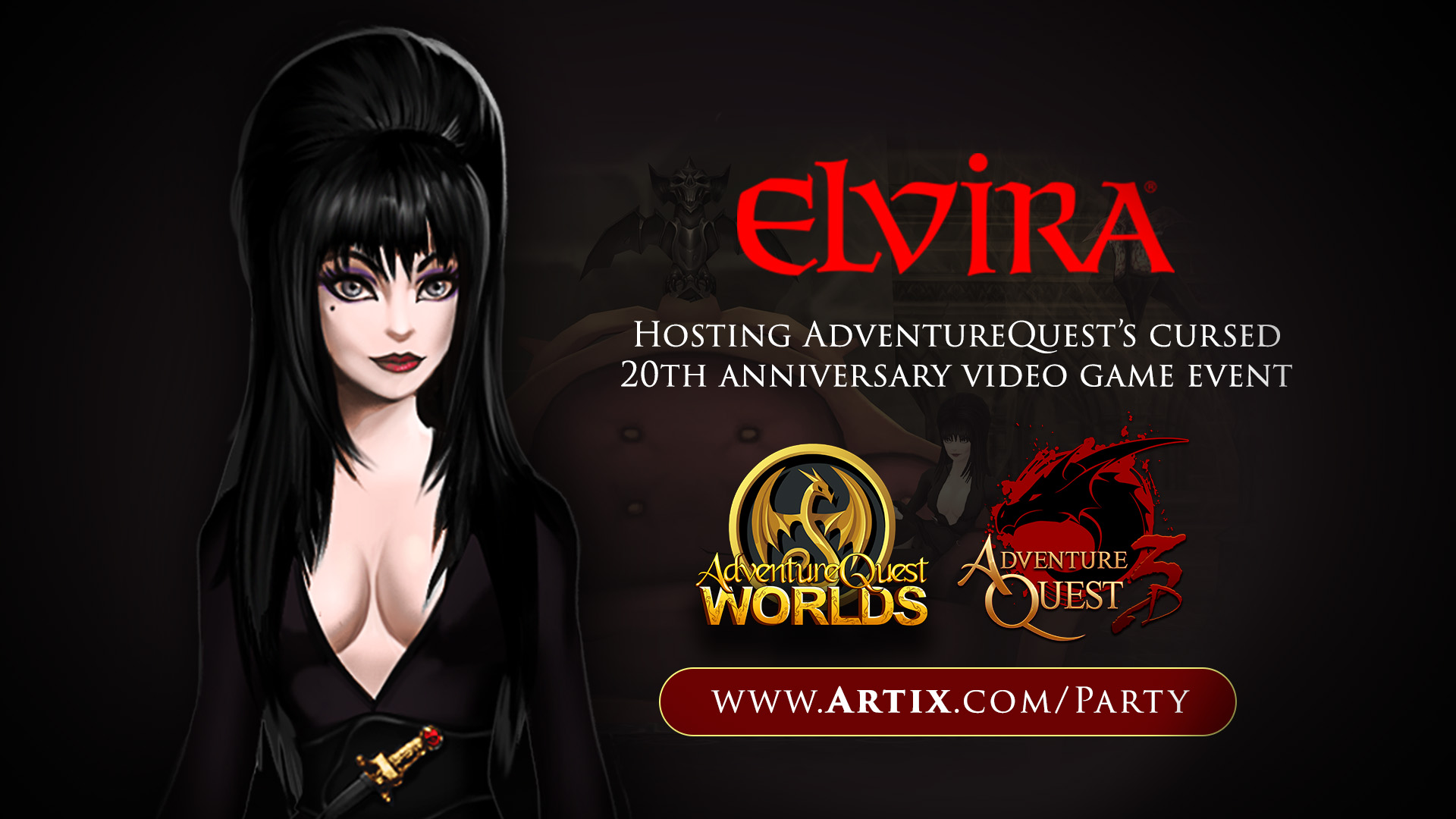 Coming next week! Elvira hosts AdventureQuests Cursed 20th Anniversary Event