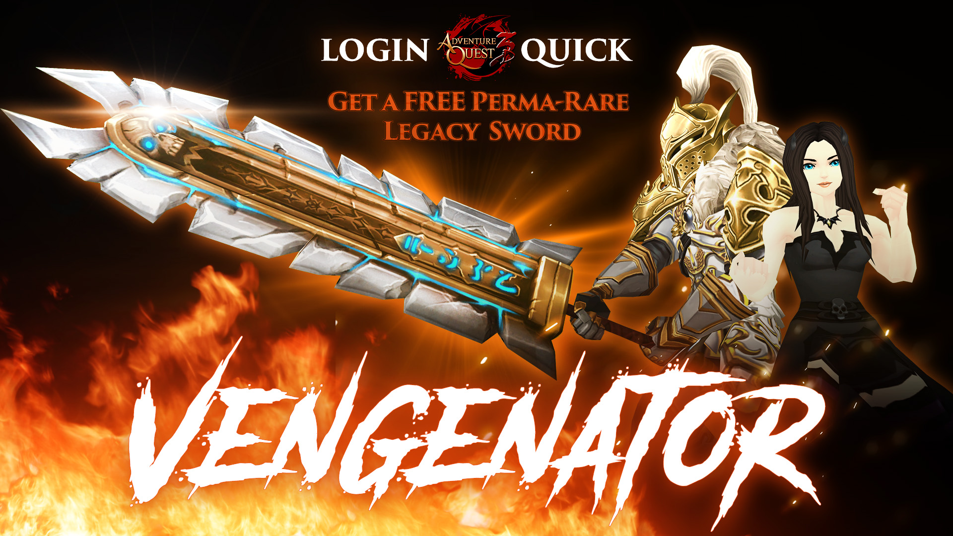 Login to AdventureQuest 3D and get a Free Legacy (Perma-Rare) Sword